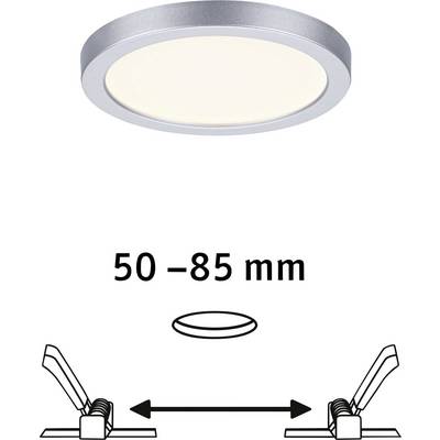 Luminaire plafonnier rond avec bordure argentée et manuel d'installation pour une profondeur d'encastrement de 50 à 85 mm avec des schémas explicatifs.