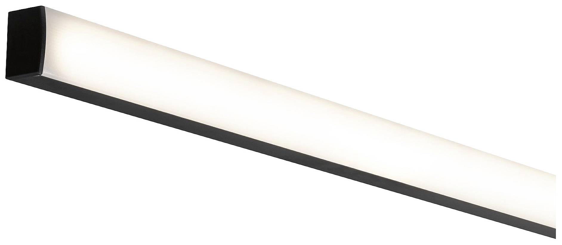 Plafonnier rectangulaire long avec un cadre noir et un diffuseur blanc, idéal pour les intérieurs modernes.