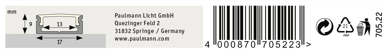 Étiquette de produit avec code-barres de Paulmann Licht GmbH. Contient l'adresse de l'entreprise, le site web, les symboles de recyclage et un schéma d'unités de mesure.