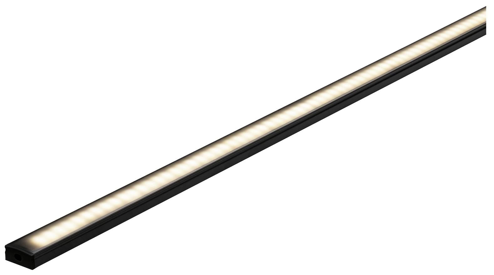Applique LED étroite et allongée avec un cadre noir et une lumière blanc chaud. Idéale pour un éclairage indirect sous les étagères ou les armoires.