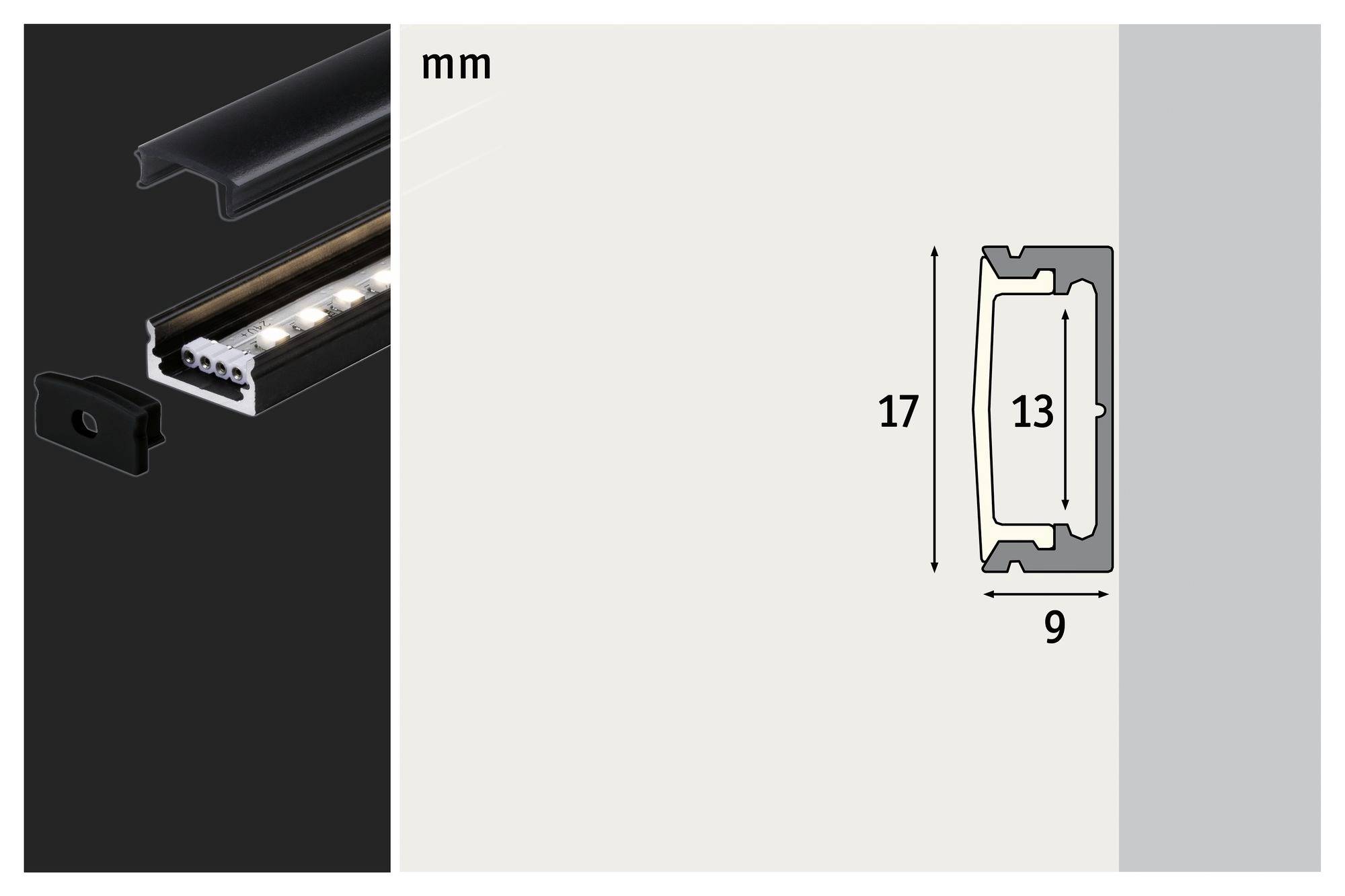 Coupe transversale d'un profilé LED avec dimensions : hauteur de 17 mm, hauteur intérieure de 13 mm, largeur de 9 mm. À gauche, le profilé avec des LED visibles.