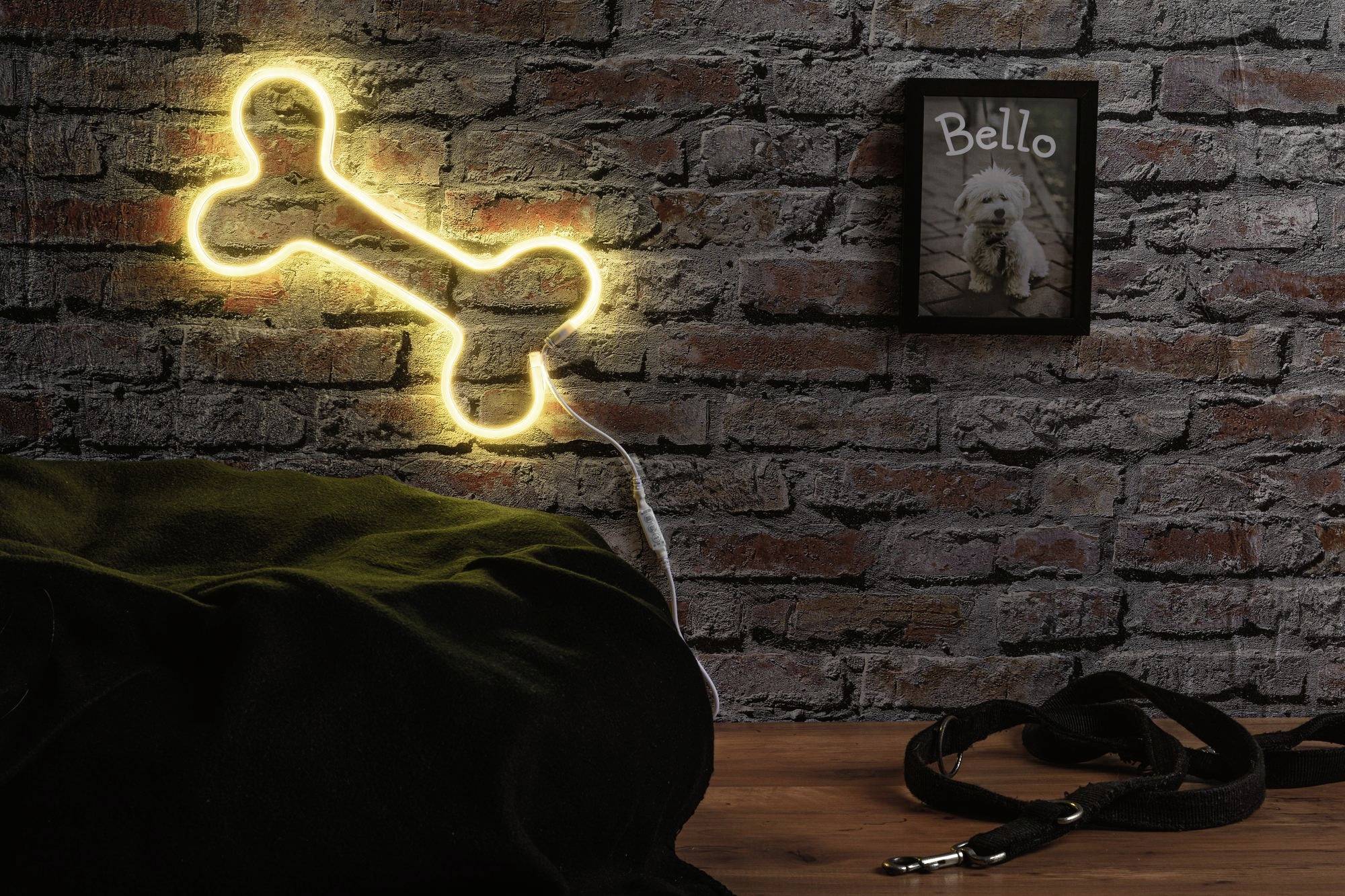 Un symbole lumineux en forme d'os de chien sur un mur de briques, à côté d'un cadre portant l'inscription 'Bello' et un collier de chien posé sur une table.