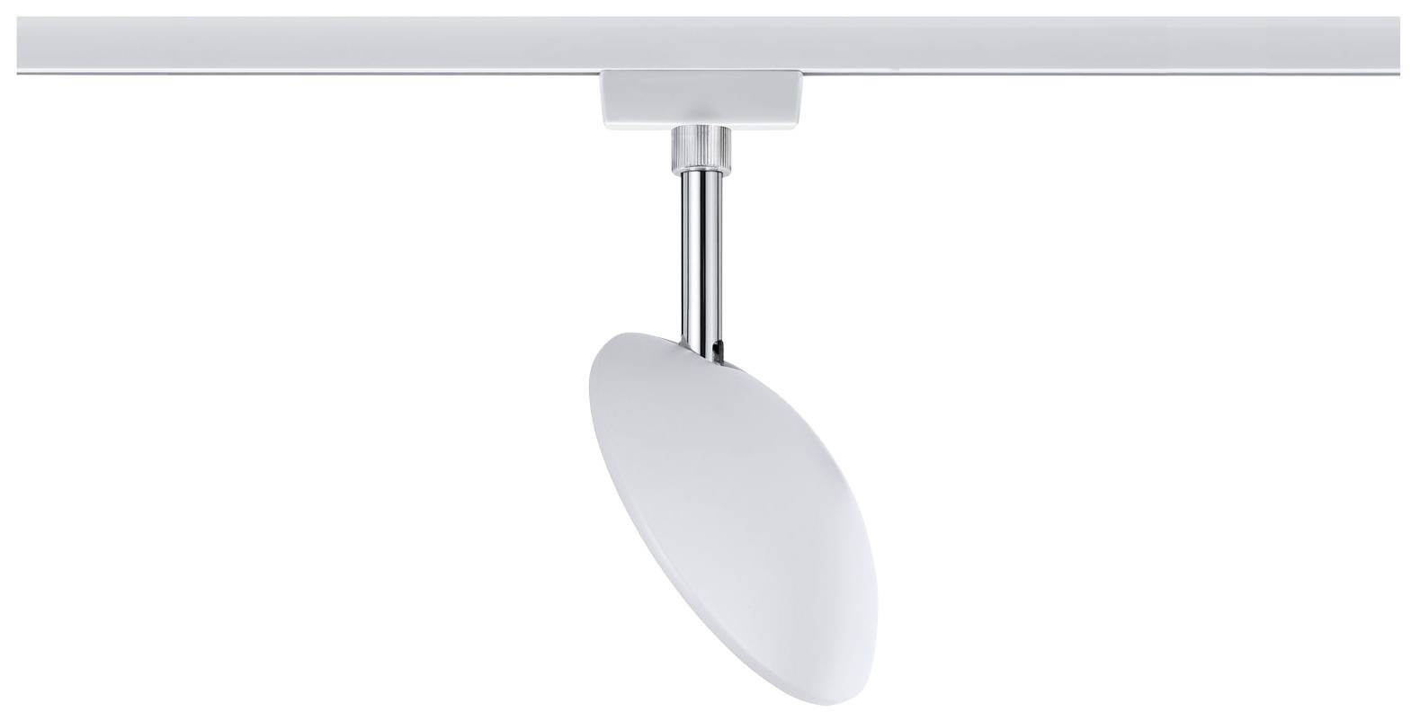 Un spot LED blanc oval est suspendu à une rails. Il est ajustable et sert à l'éclairage ciblé dans les espaces intérieurs.
