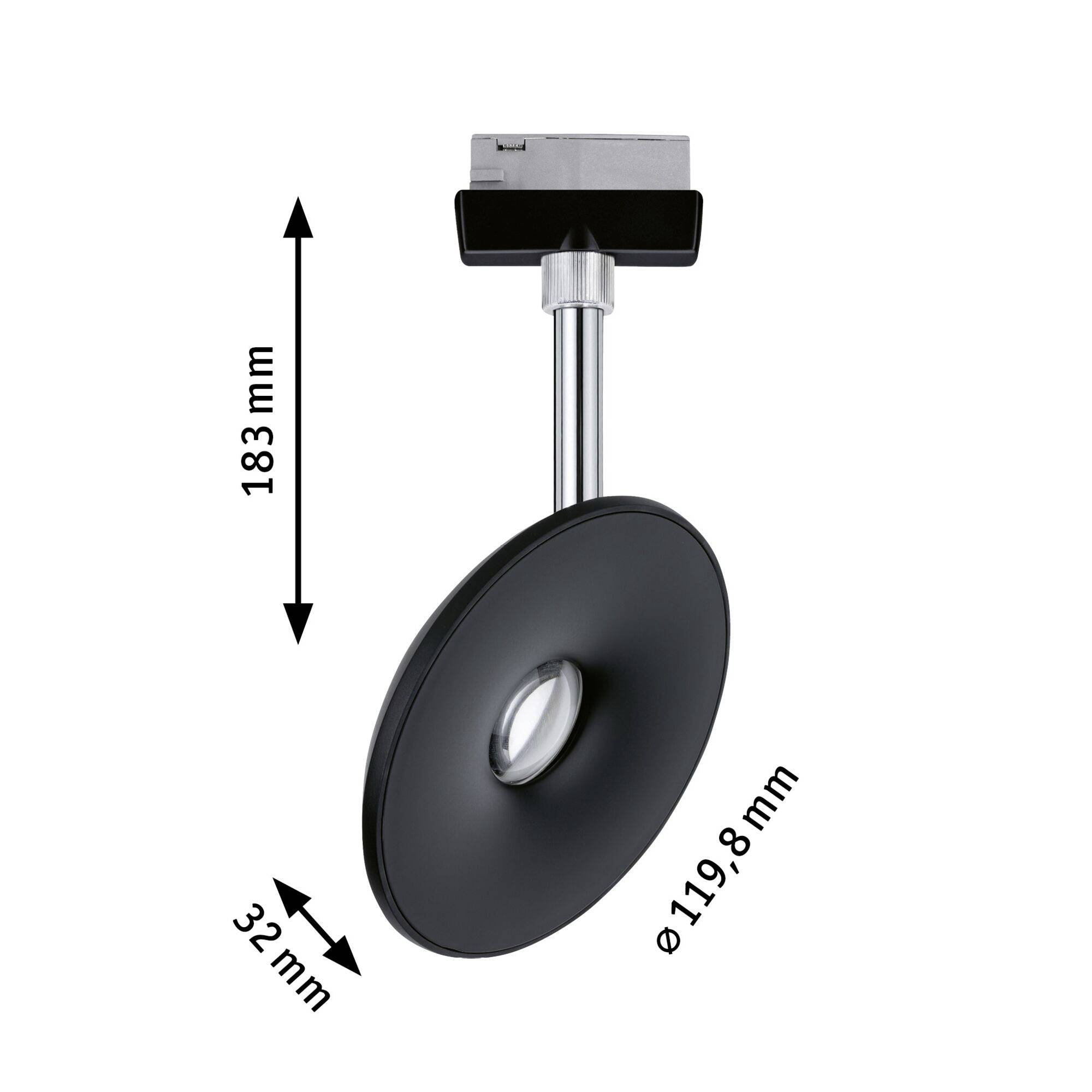 Projecteurs LED noir et argent, hauteur 183 mm, diamètre 119,8 mm, profondeur 32 mm. Montage au plafond au design moderne.
