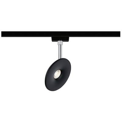 Un spot LED noir et rond émet de la lumière vers le bas. Il est fixé sur un rail noir et convient parfaitement pour un éclairage directionnel.