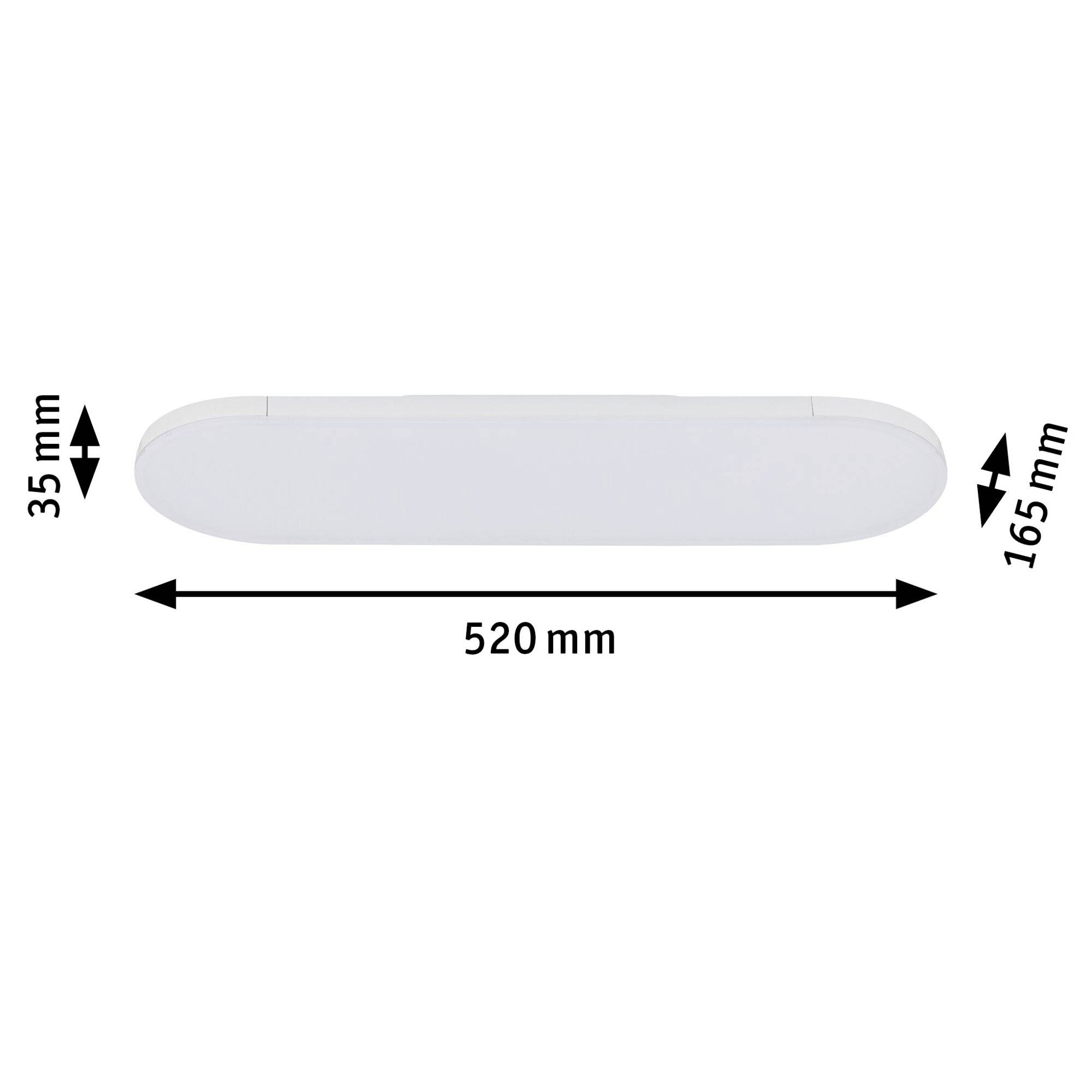 Luminaire LED blanc, rectangulaire, dimensions : 520 mm de longueur, 165 mm de largeur, 35 mm de hauteur.
