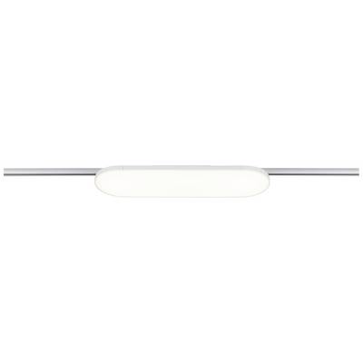 Un luminaire LED allongé et blanc, fixé sur une tige argentée, émettant une lumière vive et uniforme.