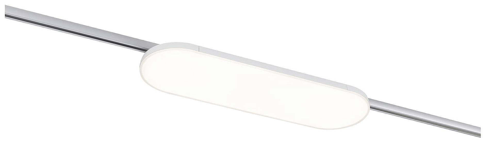 Plafonnier plat et ovale au design minimaliste, avec un cadre argenté et une lumière uniforme et claire.