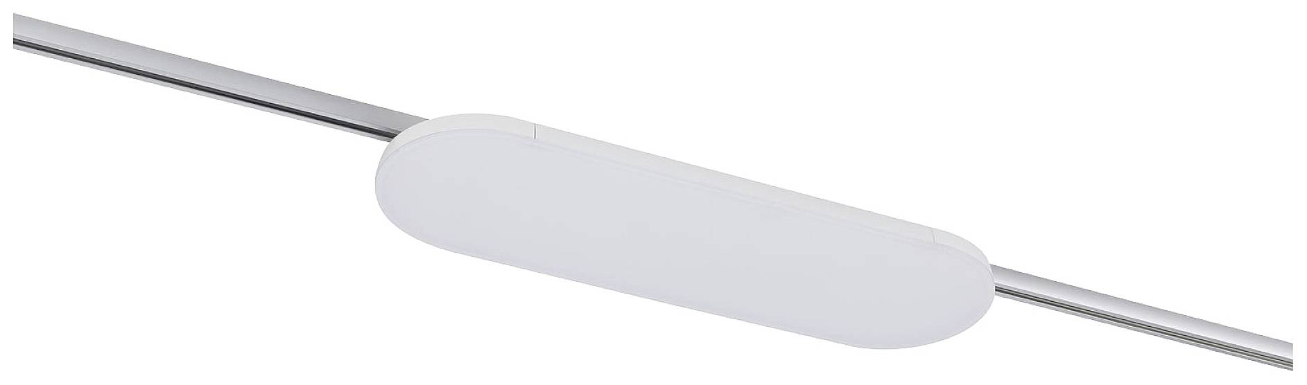 Plafonnier au boîtier blanc allongé et aux bras métalliques élancés à chaque extrémité. Design minimaliste.