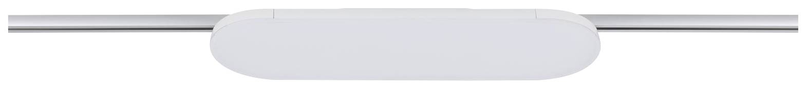 Un appareil blanc rectangulaire aux bords arrondis, fixé horizontalement sur deux tiges ou rails gris.