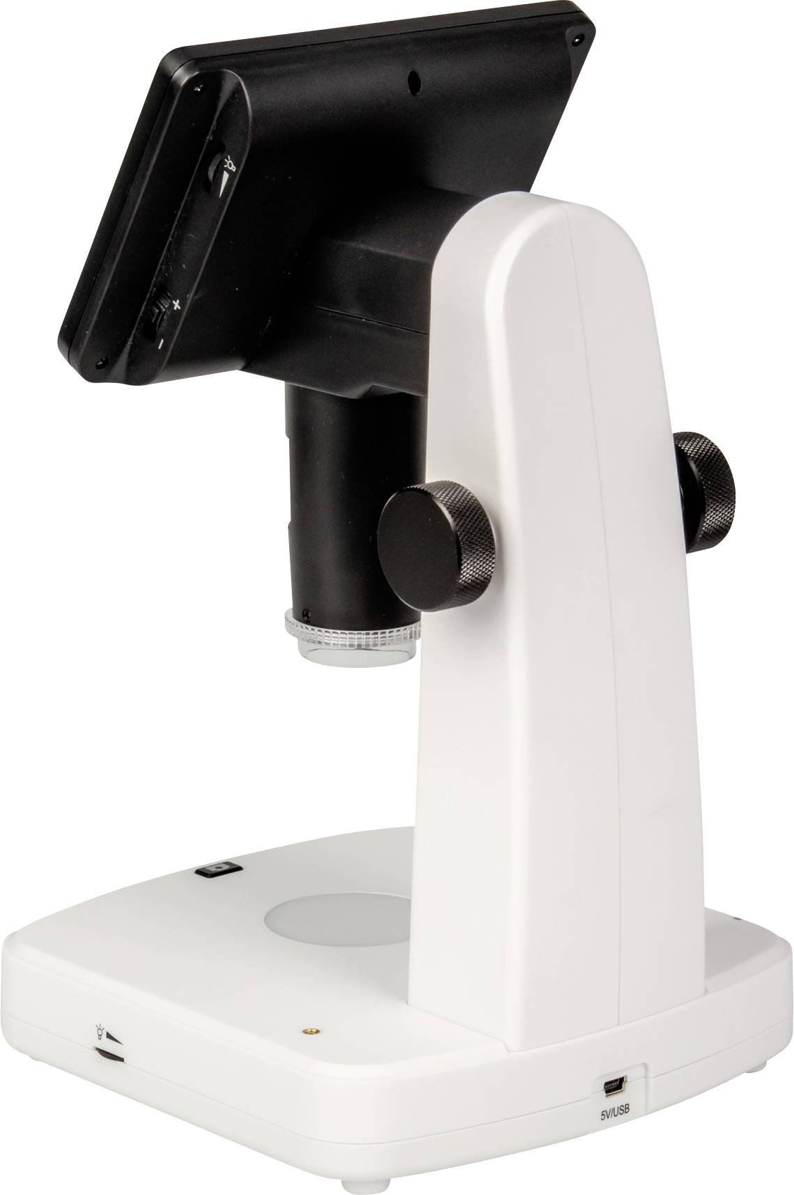 Microscope numérique avec écran, monté sur un socle blanc, utilisé pour les agrandissements. Idéal pour les recherches scientifiques.