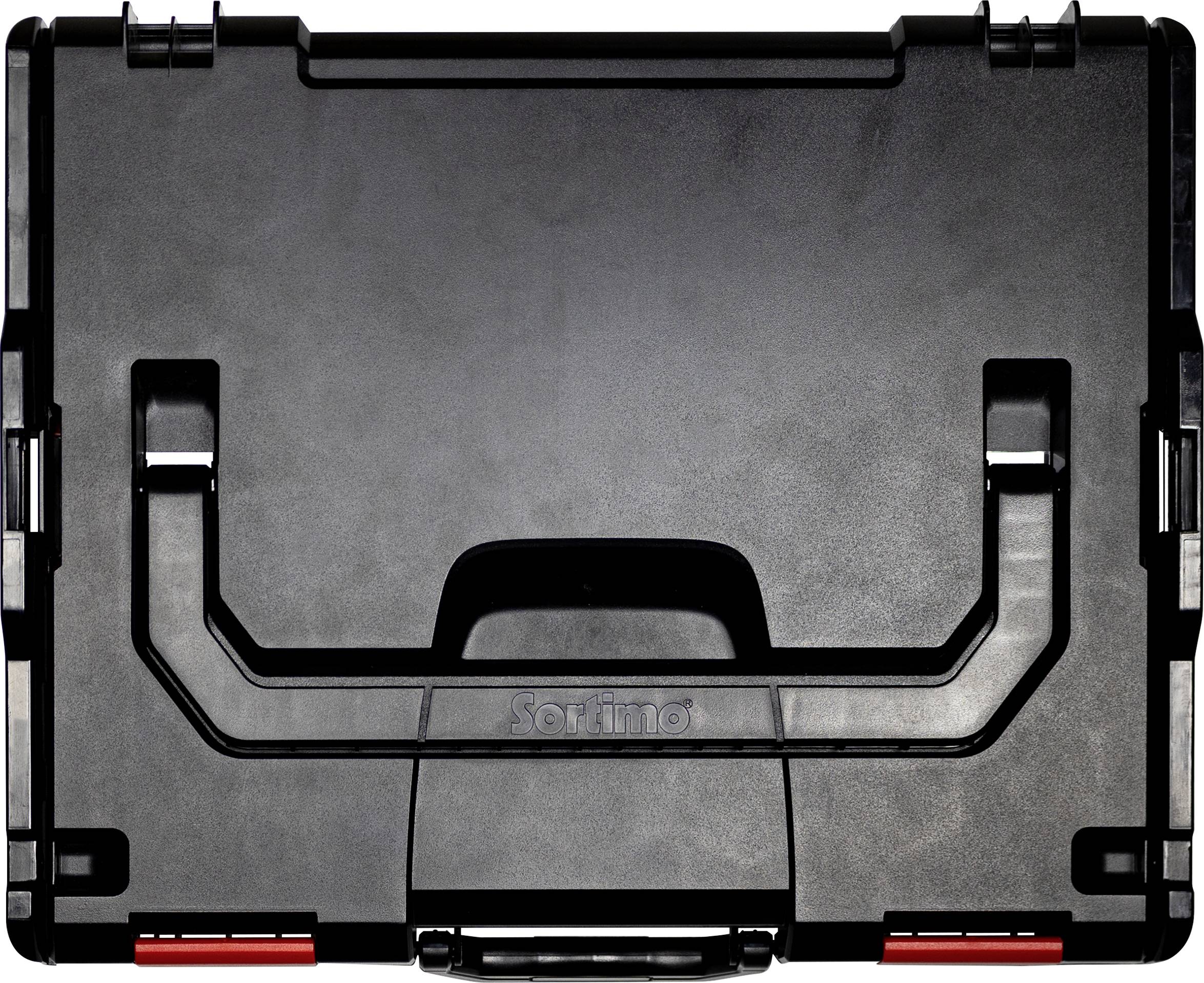 Coffret à outils noir avec poignée et fermetures, marqué 'Sortimo'.