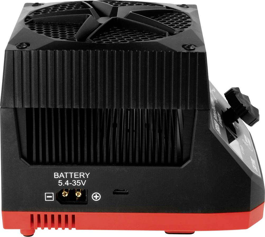 Un chargeur noir avec un socle souligné en rouge. Il dispose de connexions pour une batterie (5,4-35V) et d'un port USB sur la face avant.