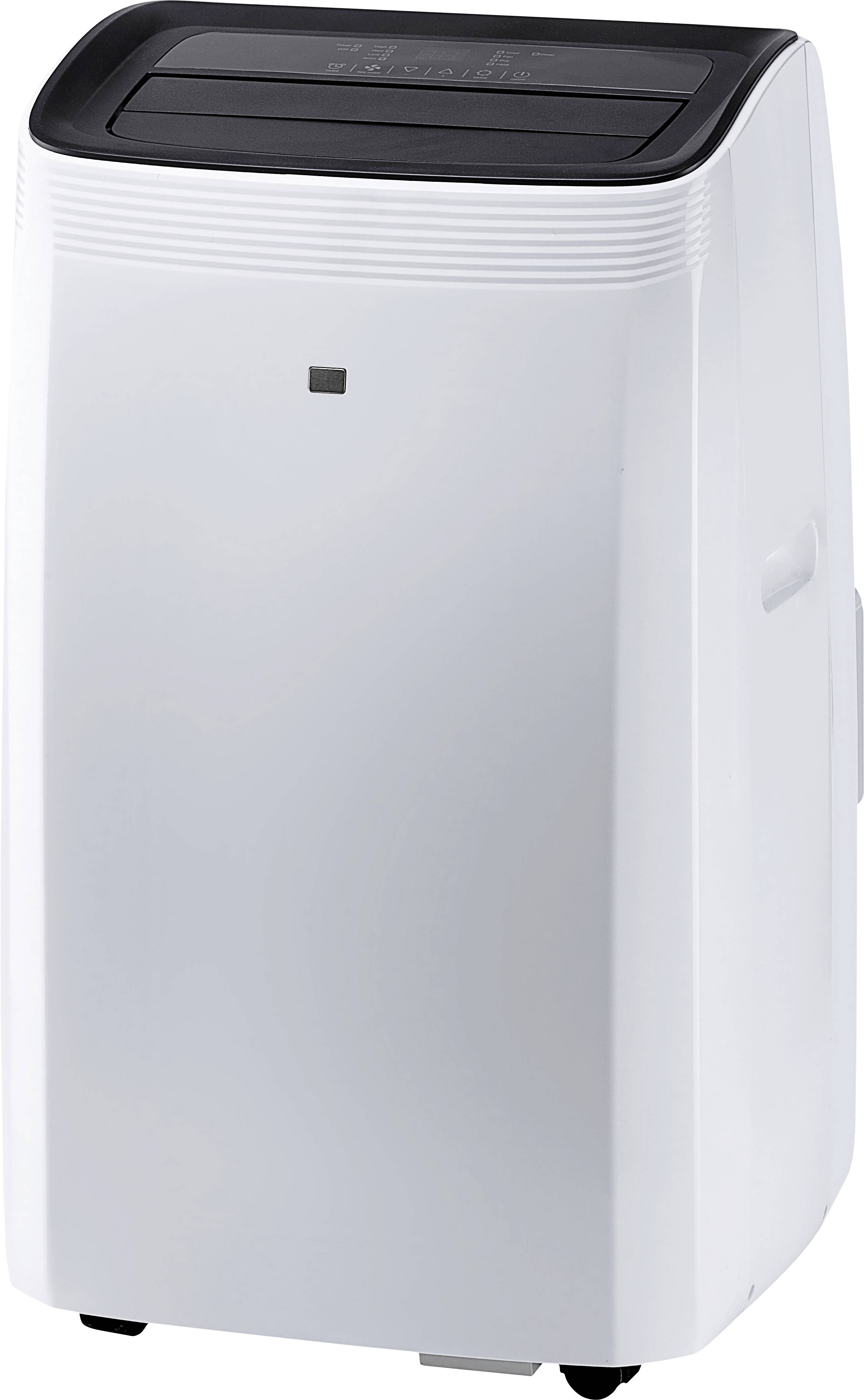 Climatiseur portable blanc avec un panneau de commande noir sur le dessus, adapté à une utilisation intérieure. Boîtier monté sur roulettes pour un déplacement facile.