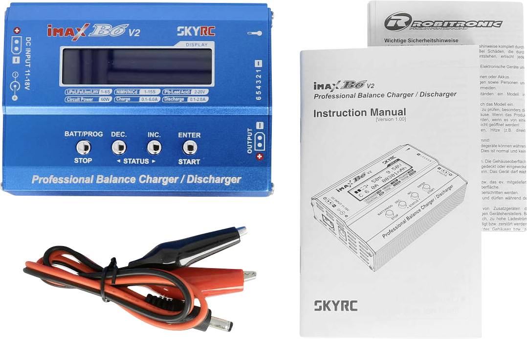 Un chargeur/déchargeur professionnel de balance bleu 'iMAX B6 V2' de SKYRC, accompagné de son manuel et de ses câbles de charge, est présenté.