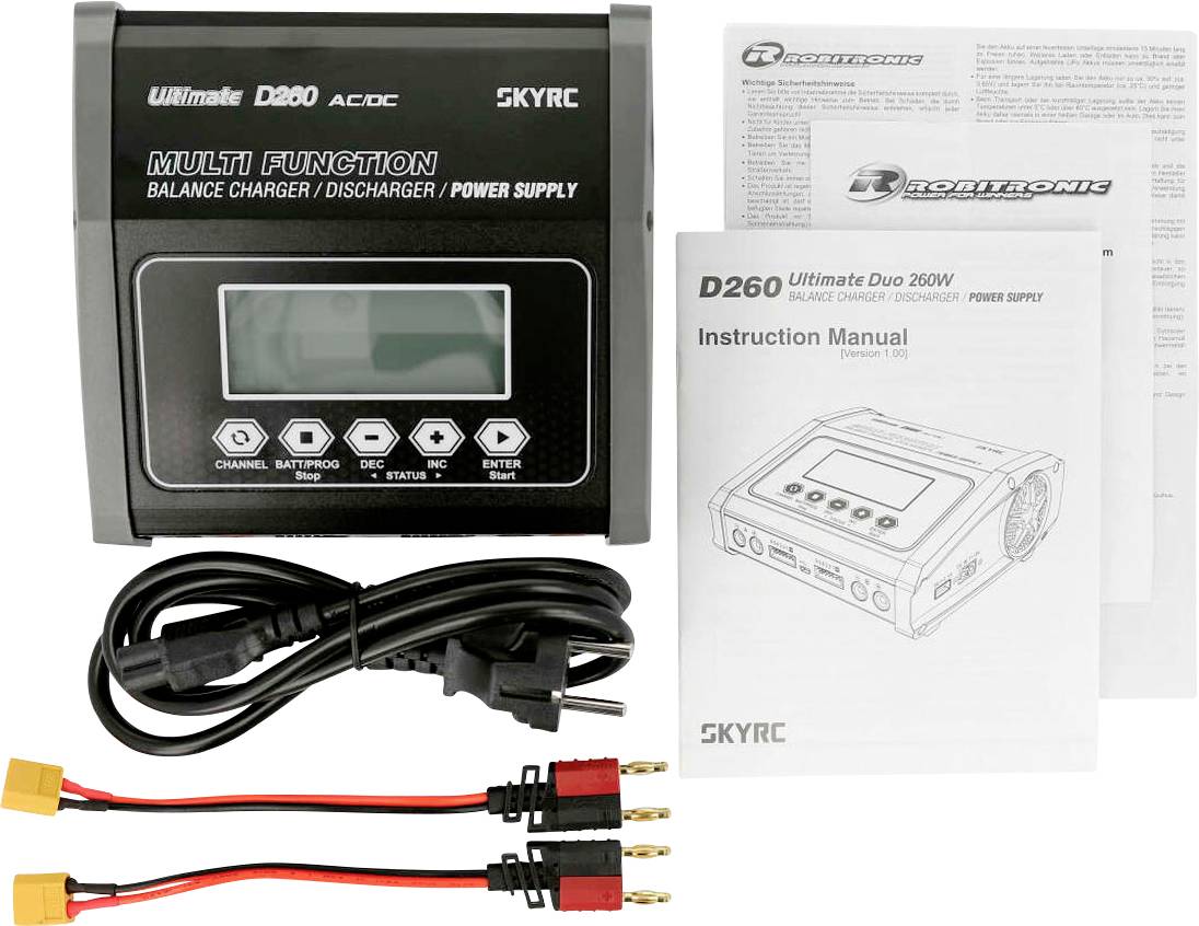 'SKYRC D260 Ultimate Duo : Chargeur et déchargeur multifonction avec équilibrage. Comprend deux câbles et un manuel d'instructions.'