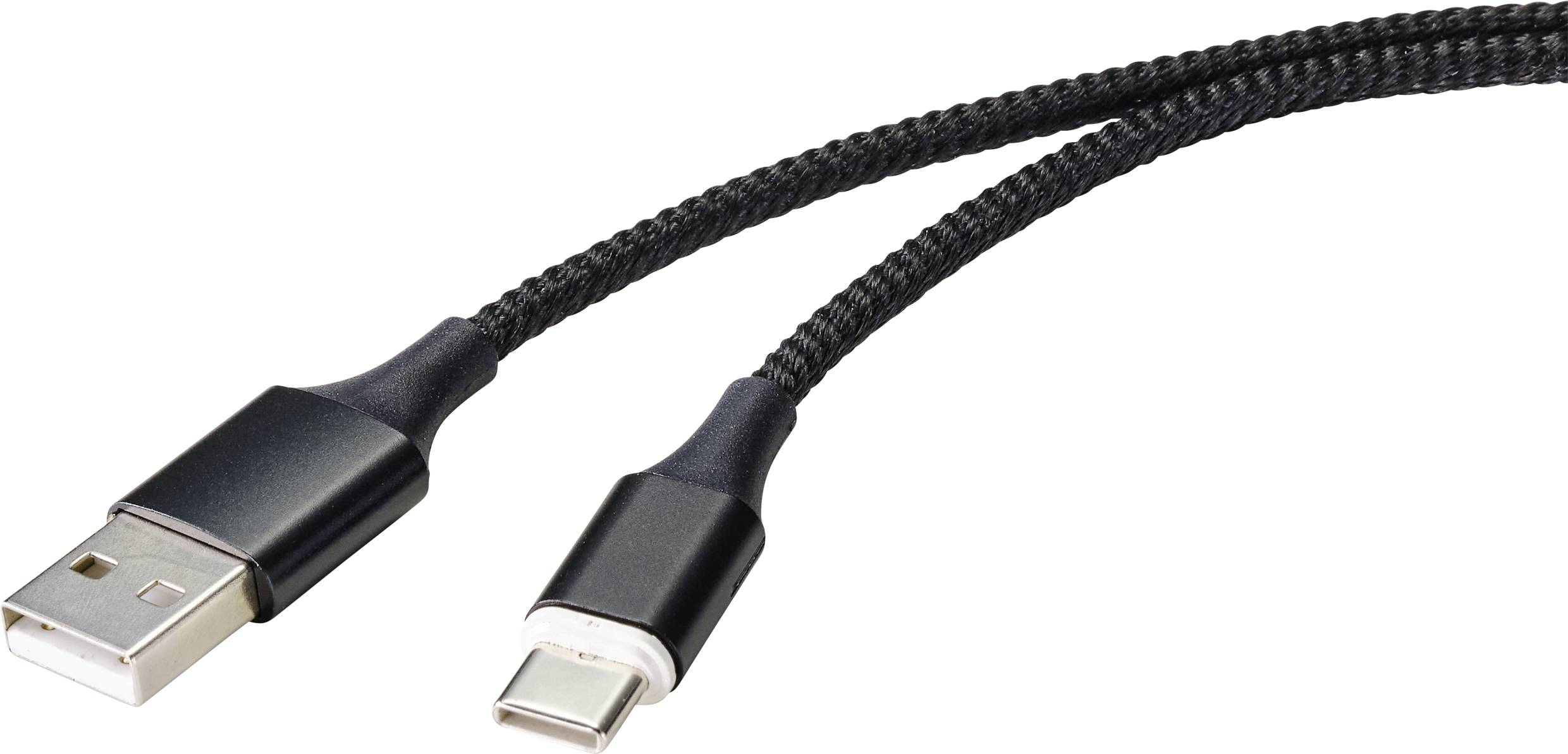 Un câble USB noir avec connecteurs USB-A et USB-C, adapté pour le transfert de données et la charge.