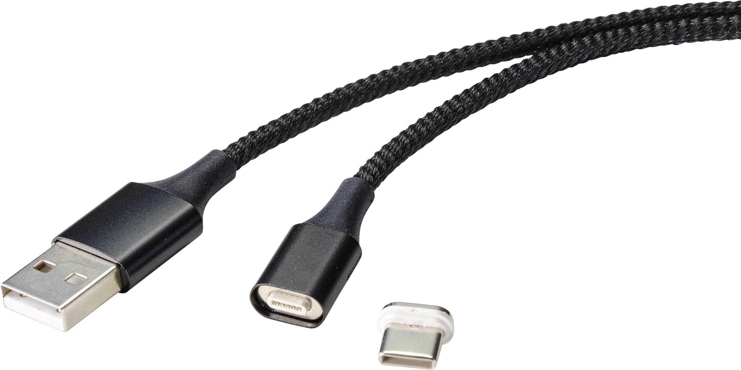 Câble USB noir avec adaptateur magnétique amovible permettant la connexion entre USB et USB-C.