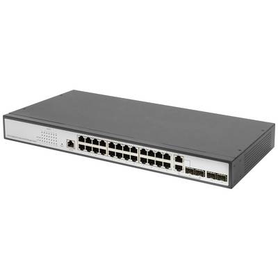 Un commutateur réseau avec plusieurs ports Ethernet pour la transmission de données dans un réseau informatique, représenté en noir et argent.