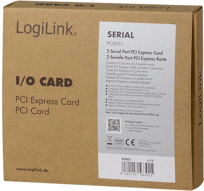 Emballage en carton pour la carte LogiLink I/O Card PCI Express, avec les informations de série et de produit imprimées.