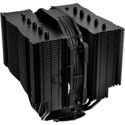 Un grand dissipateur de chaleur CPU noir avec plusieurs ailettes et caloducs pour l'évacuation thermique. Adapté aux applications informatiques haute performance.