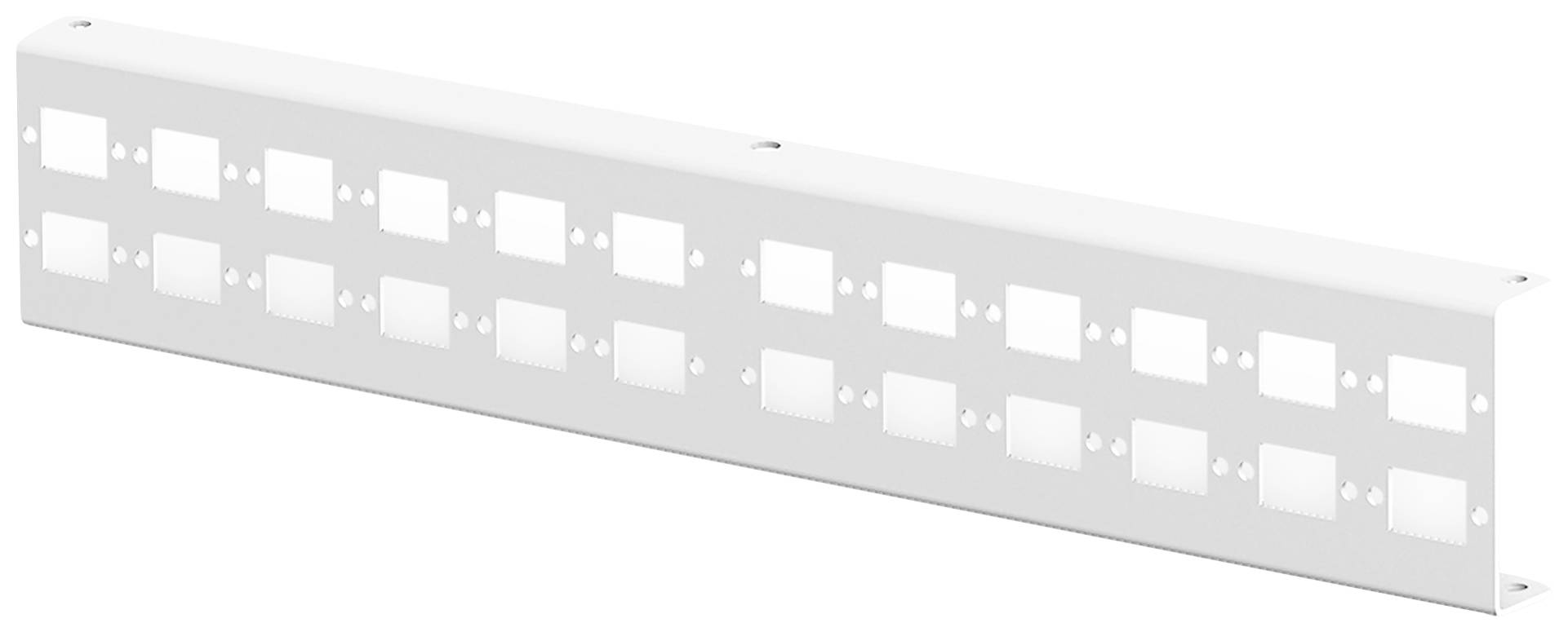 Plaque métallique avec plusieurs découpes rectangulaires, adaptée pour le montage de connexions réseau ou d'interrupteurs dans une baie de serveurs.