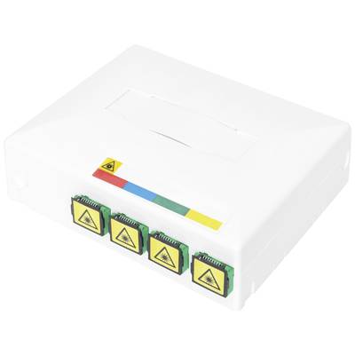 Un boîtier rectangulaire blanc en plastique avec quatre connexions colorées sur le côté, chacune pourvue d'un symbole d'avertissement.