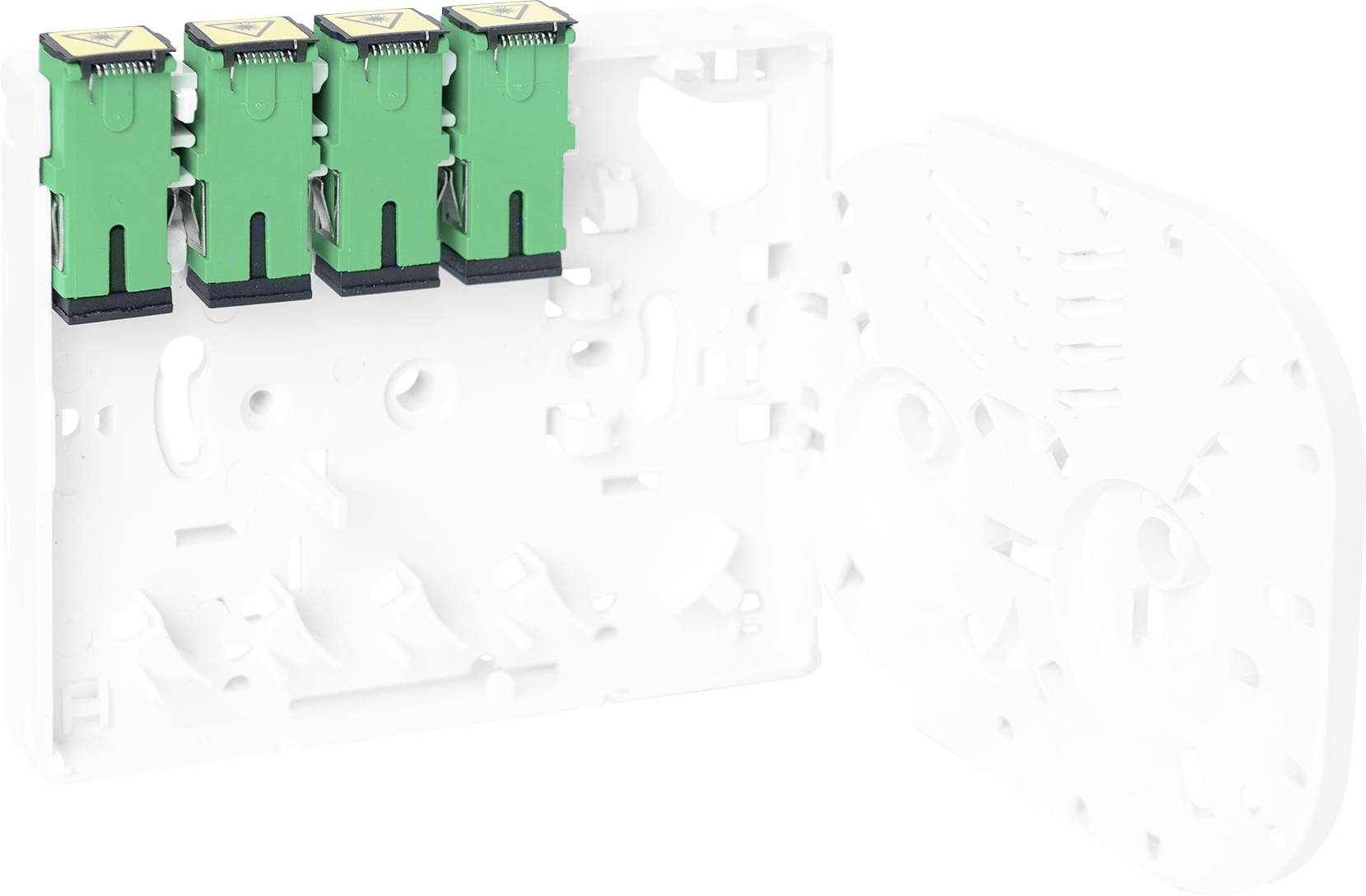 'Boîte de terminaison à fibre optique avec quatre modules enfichables verts, montée sur une plaque en plastique blanc. Convient pour un montage mural.'