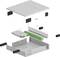 Vue éclatée d'un boîtier modulaire comprenant plusieurs composants, incluant des connecteurs électriques verts et un couvercle métallique gris.