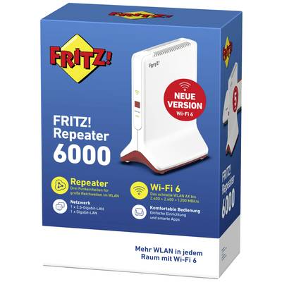 Emballage du 'FRITZ! Répéteur 6000' présentant un amplificateur Wi-Fi. Le texte met en avant la nouvelle version avec Wi-Fi 6, une configuration simplifiée et un réseau performant.