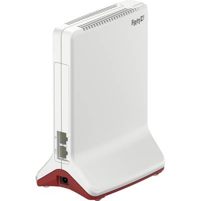 Un routeur blanc avec deux ports Ethernet et des fentes de ventilation, debout, avec la marque 'Fritz!' en haut.