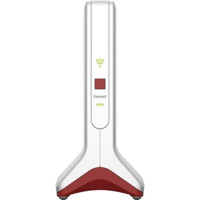 Répéteur Wi-Fi blanc avec socle rouge, orienté verticalement, affichant un symbole Wi-Fi vert et l'inscription 'Connect'.