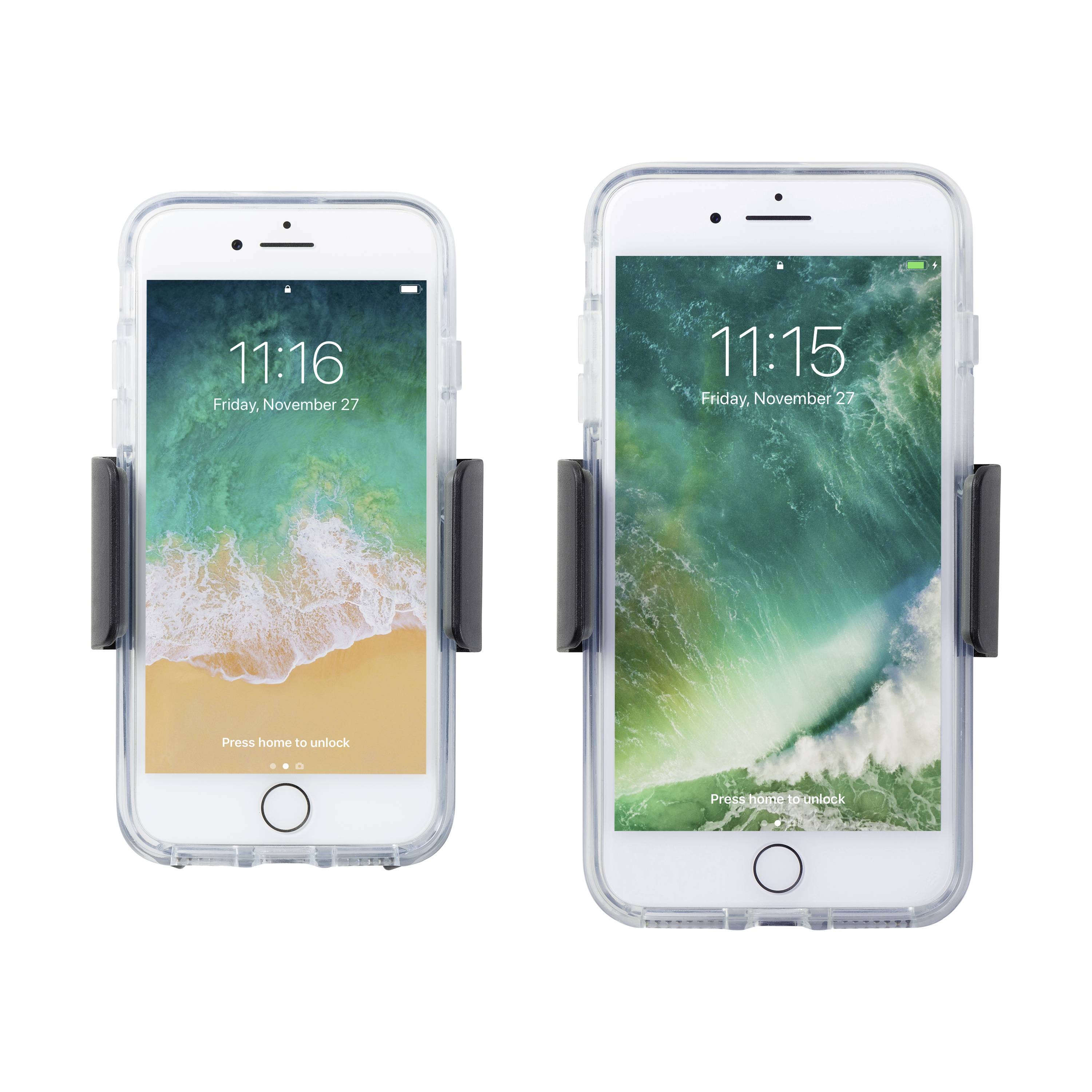 Deux smartphones dans des supports côte à côte, affichant l'écran de verrouillage avec la date 'Vendredi 27 novembre' et différentes heures.