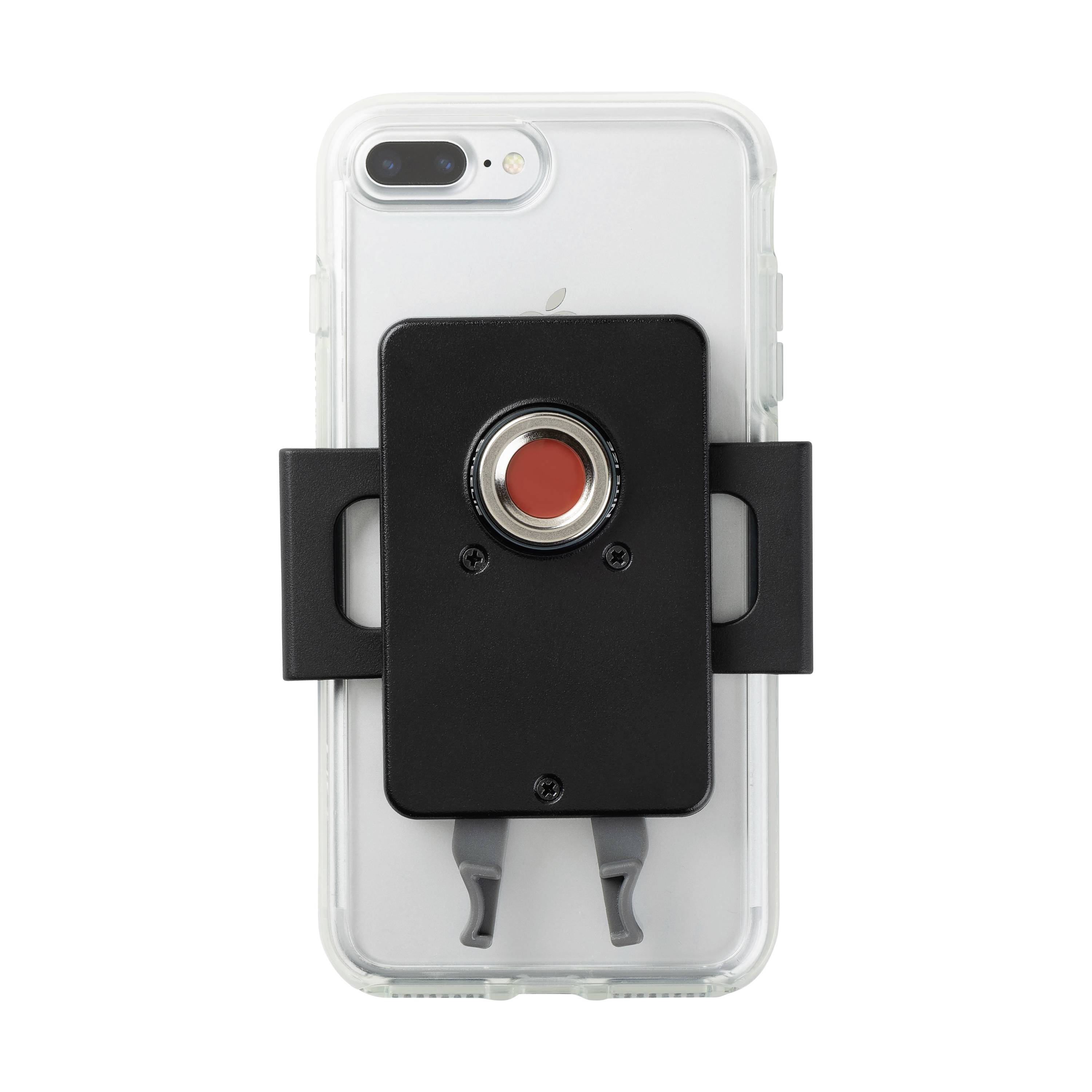 Un smartphone doté d'un support à l'arrière portant un objectif ou un accessoire photographique.