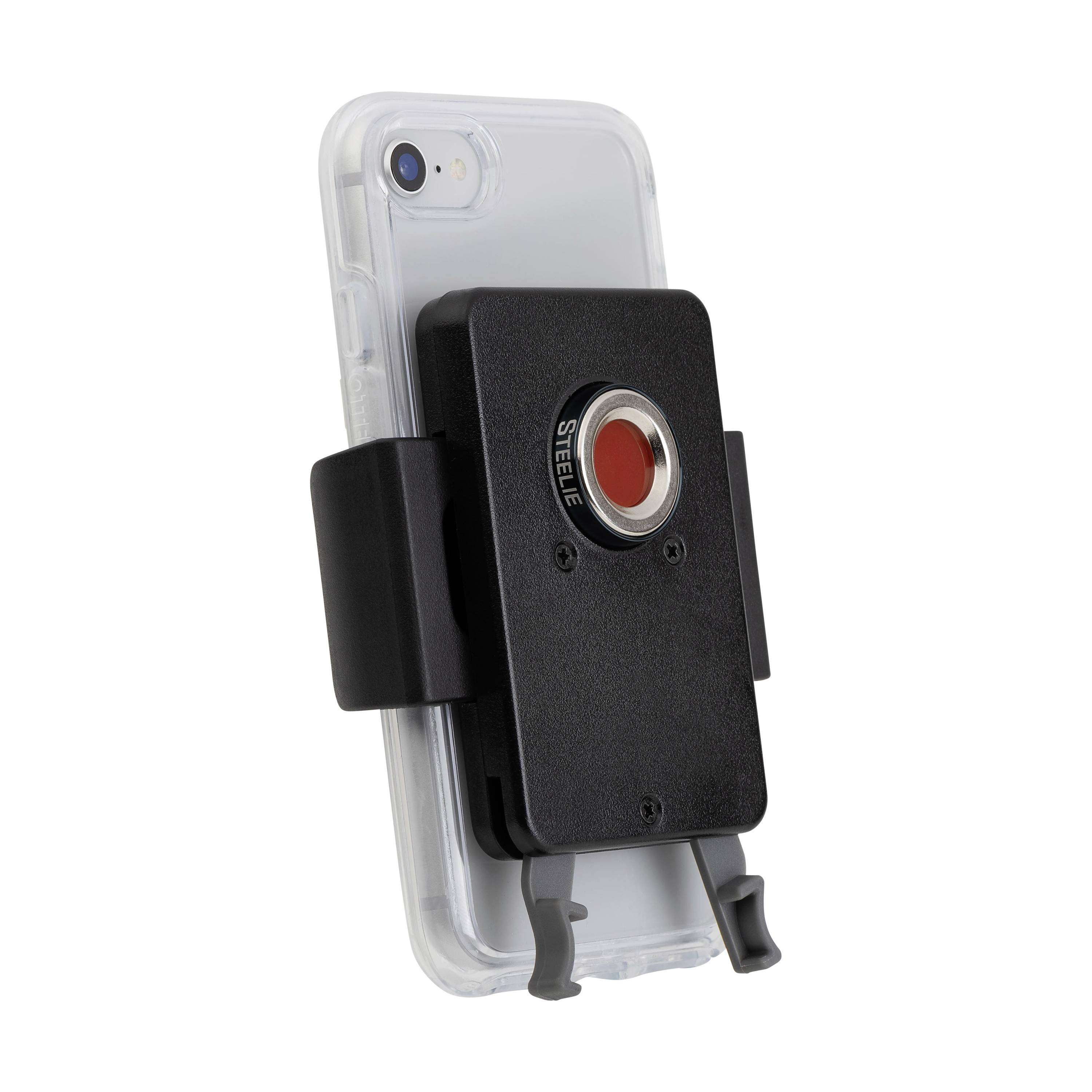 Un smartphone avec un support noir. Le support comporte un cercle rouge au centre et des pieds gris pour le maintenir debout.