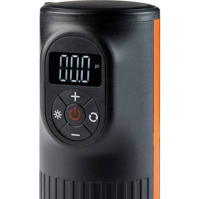 Compresseur d'air électrique portable avec affichage numérique, indiquant '0,0 psi'. Panneau de commande avec boutons Plus, Moins et Marche/Arrêt.