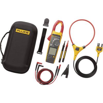 Un ensemble de multimètre comprenant différents câbles et accessoires, incluant un étui de transport et un pince-ampèremètre, le tout en noir et jaune.
