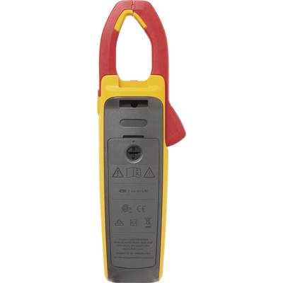 Un appareil de mesure électrique dans un boîtier jaune et rouge, équipé de commandes et comportant des avertissements de sécurité au dos.