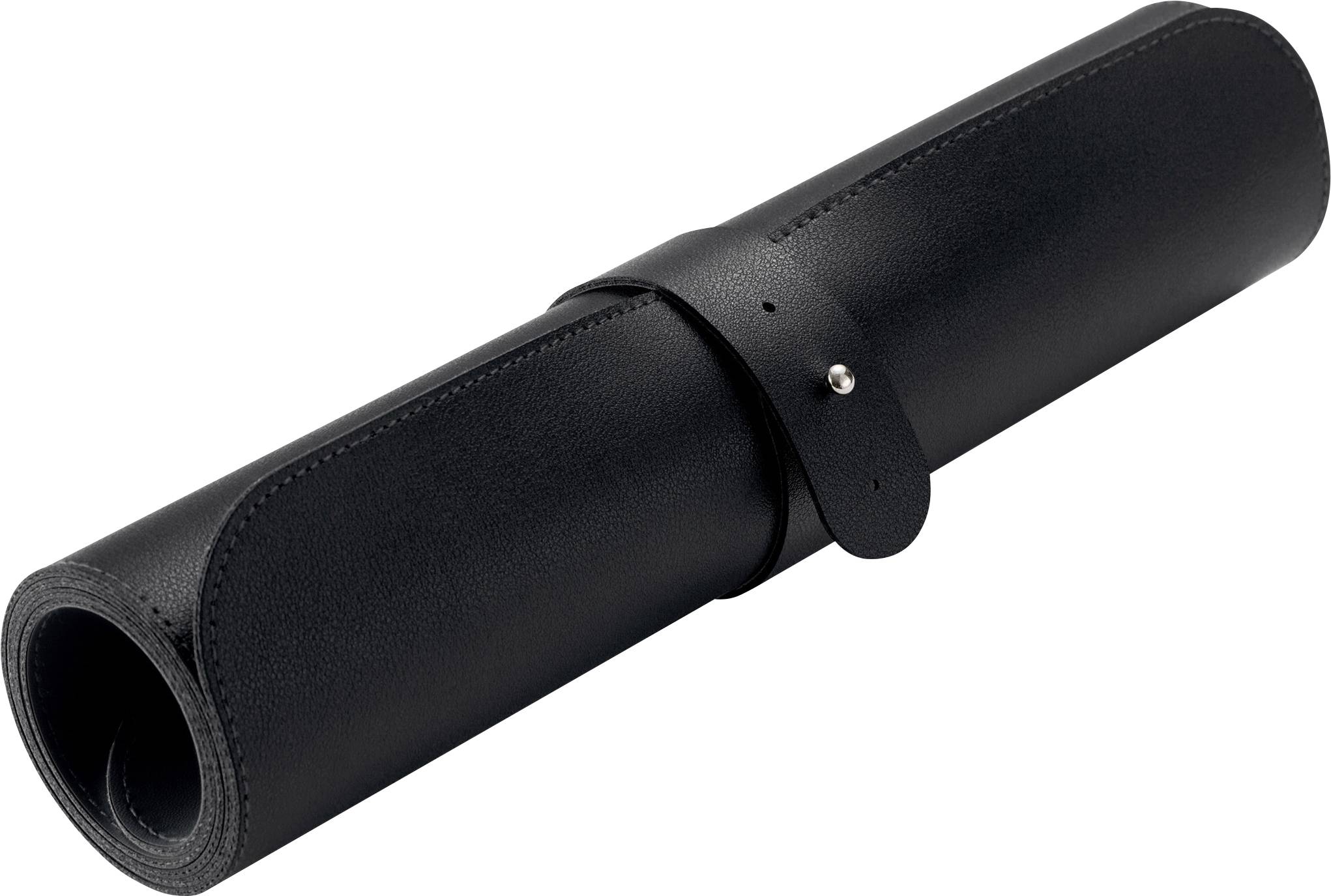 Tapis en cuir noir enroulé avec une boucle, adapté à une utilisation portable.