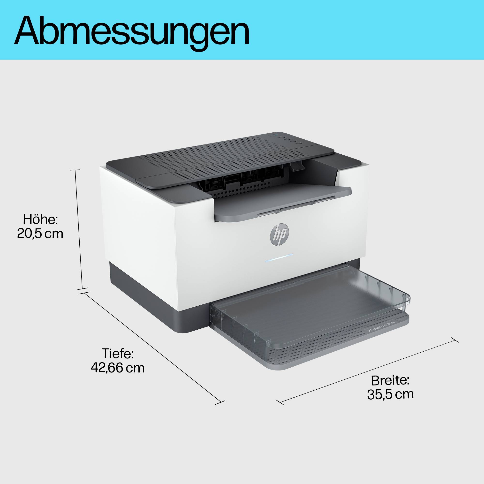 Imprimante avec les dimensions suivantes : hauteur 20,5 cm, profondeur 42,66 cm, largeur 35,5 cm. Bac à papier sorti.