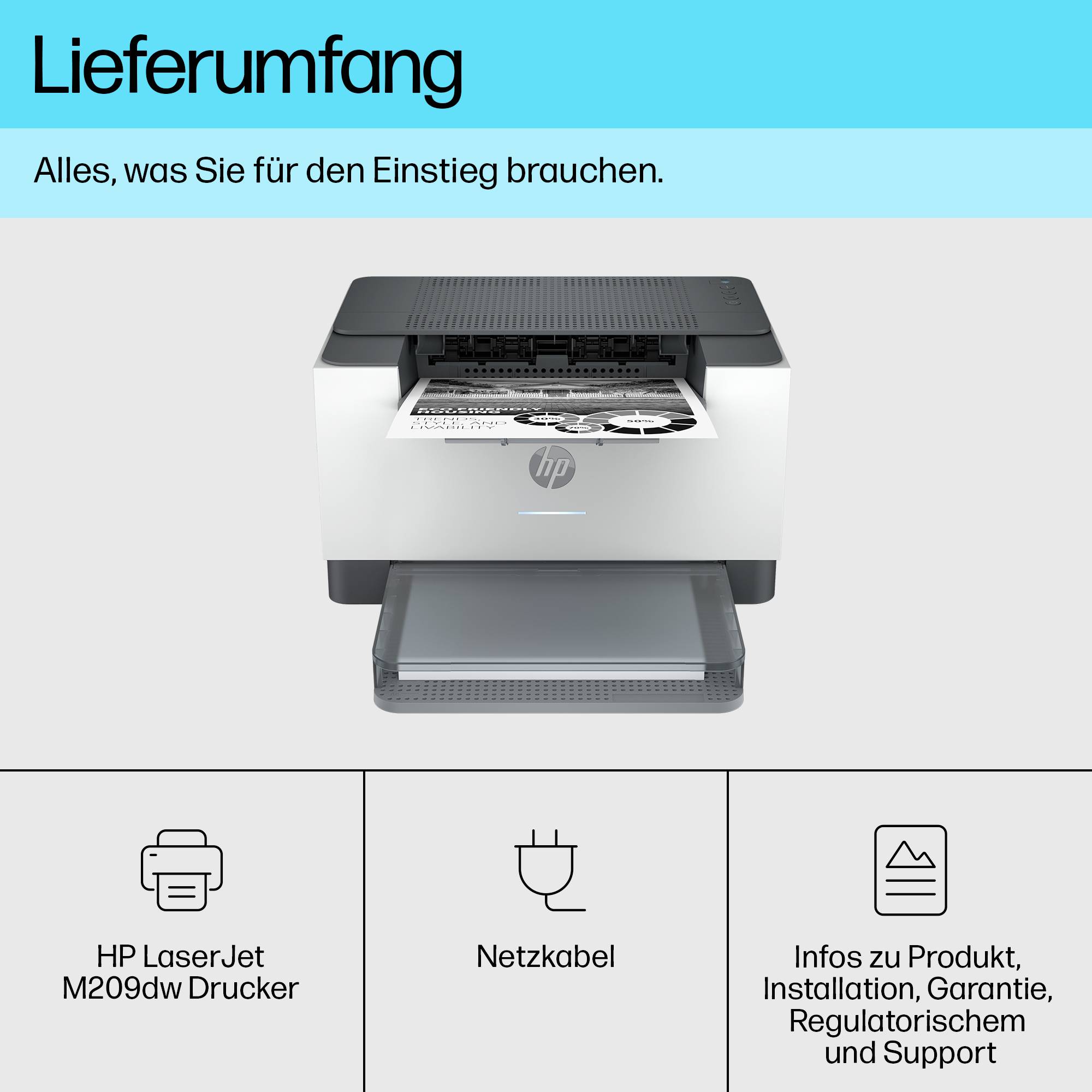 Le contenu de la livraison comprend : Imprimante HP LaserJet M209dw, câble d'alimentation, informations sur le produit, l'installation, la garantie et le support.