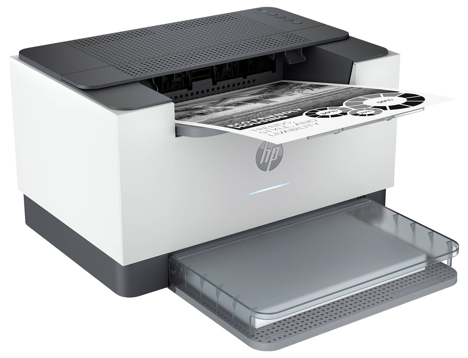 Une imprimante produit une page imprimée. Le papier présente un document en noir et blanc avec des éléments graphiques.