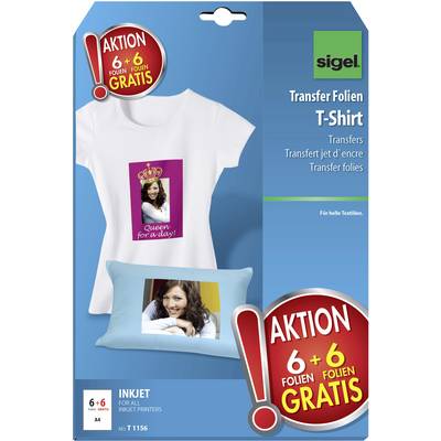 Feuilles de transfert pour t-shirts de Sigel, disponibles pour imprimantes jet d'encre. Offre promotionnelle : 6 feuilles + 6 gratuites. Image : Design de t-shirt.