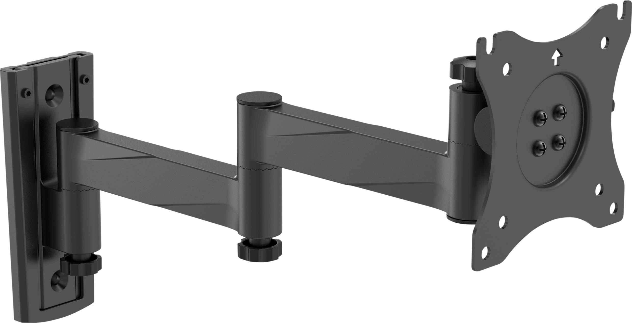 Support mural pivotant pour téléviseur en noir, adapté aux écrans plats. Bras long avec plusieurs articulations permettant un positionnement flexible.