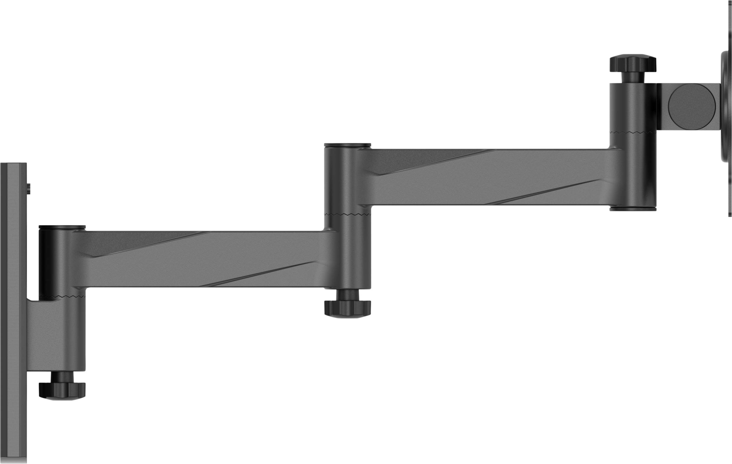 Bras de moniteur pivotant à trois articulations en noir, adapté pour le positionnement flexible d'un écran sur un poste de travail.