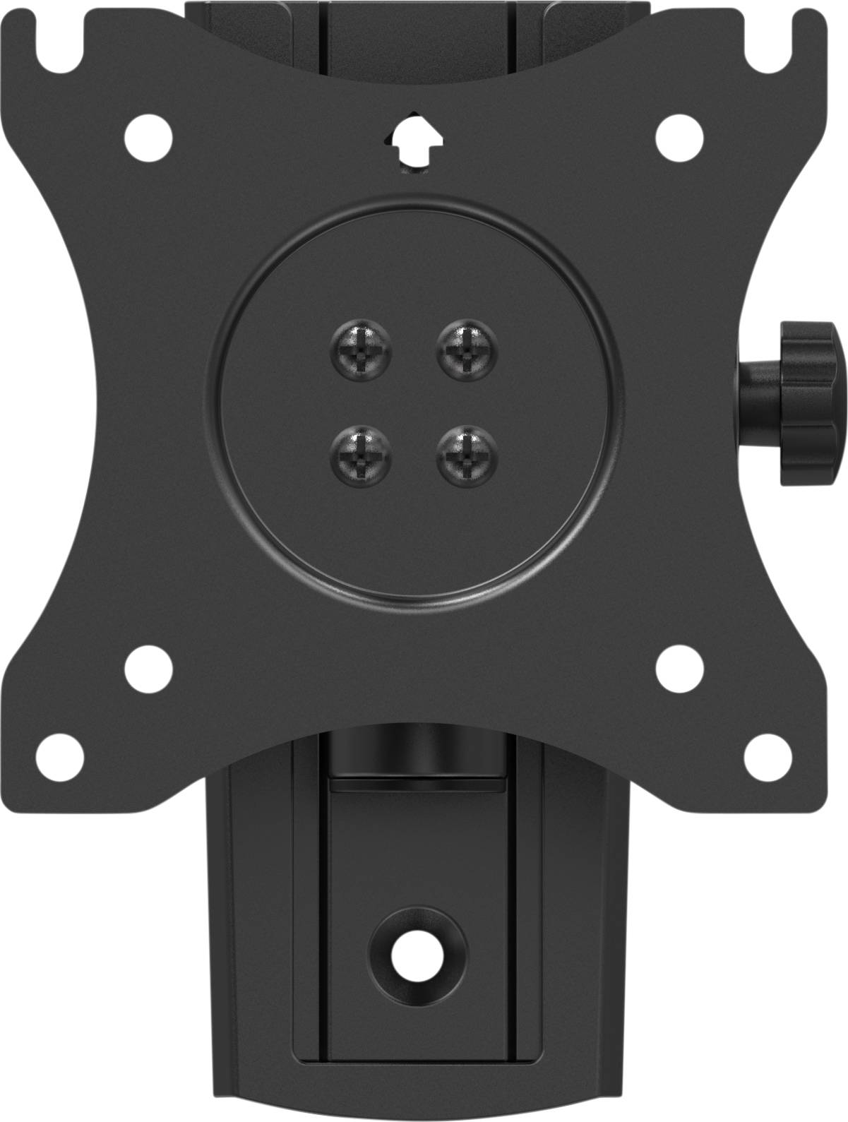 Un support de moniteur noir avec plusieurs trous de montage pour vis, une platine centrale pivotante et une fixation latérale.