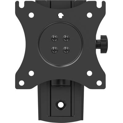 Un support de moniteur noir avec plusieurs trous de montage pour vis, une platine centrale pivotante et une fixation latérale.
