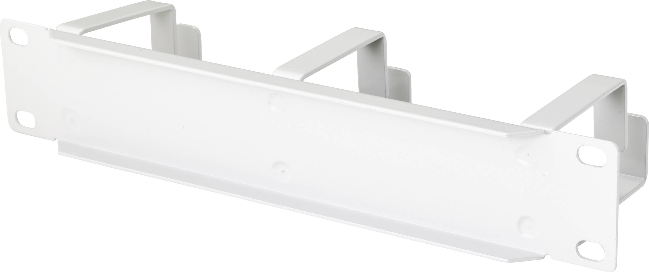 Pièce métallique blanche rectangulaire avec quatre trous de fixation aux coins et deux supports en forme de U à l'arrière.