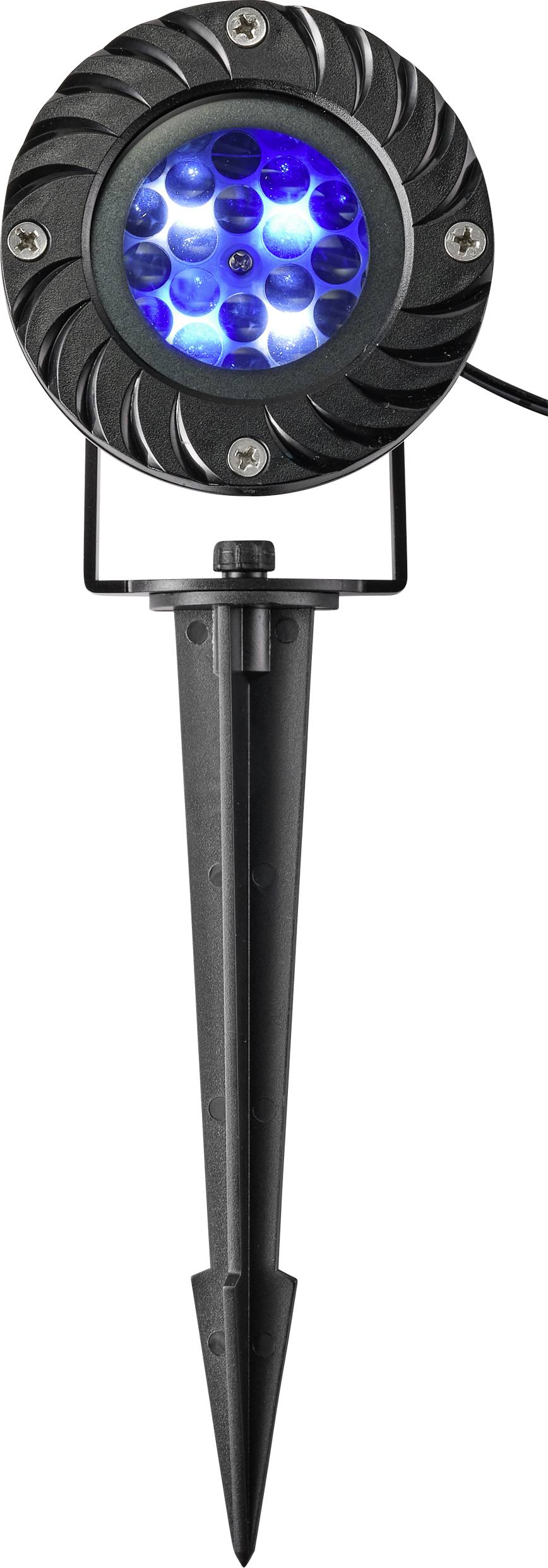 Projecteur de jardin noir avec éclairage LED bleu monté sur un piquet de terre.