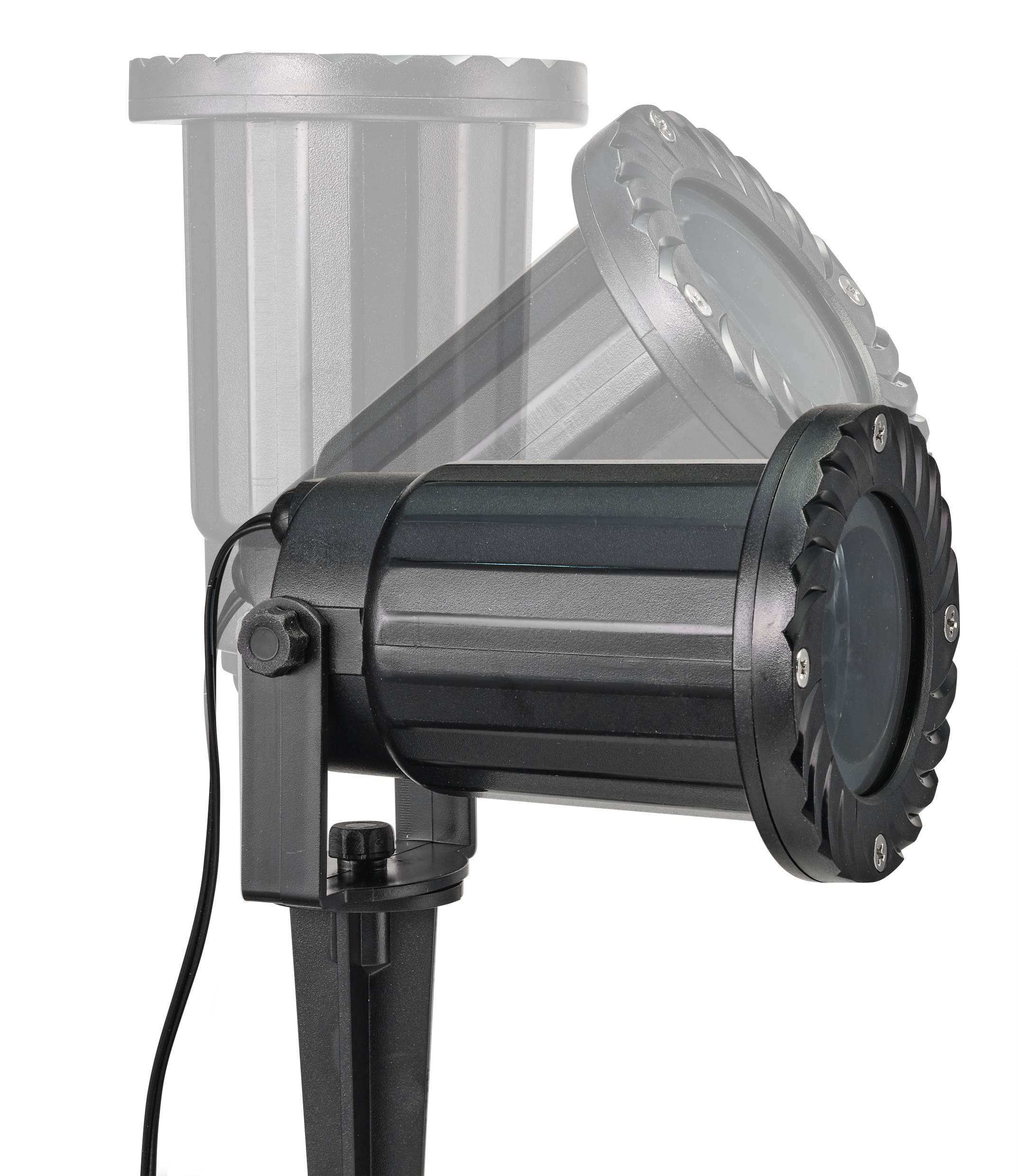 Projecteur LED noir sur support réglable ; illustrant différents angles d'inclinaison.